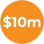 orange circle with $10m in white