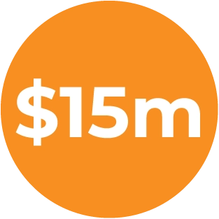 orange circle with $15m in white
